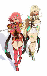 Rule 34 | 2girls, bdsm, blonde hair, blush, boots, breasts, chain, cleavage, dress, full body, gagged, highres, large breasts, linked collar, long hair, multiple girls, mythra (xenoblade), nintendo, pulling, pyra (xenoblade), red hair, reptileye, rope, shibari, short hair, shorts, slave, thigh boots, thighhighs, tiara, very long hair, xenoblade chronicles (series), xenoblade chronicles 2, xenoblade chronicles (series), xenoblade chronicles 2