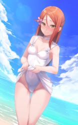 Rule 34 | 1girl, 3:, absurdres, beach, blue sky, blush, breasts, brown eyes, casual one-piece swimsuit, choker, cleavage, cloud, cloudy sky, covered navel, day, flower, ginopi, gluteal fold, hair flower, hair ornament, half updo, highres, lens flare, long hair, looking at viewer, love live!, love live! sunshine!!, one-piece swimsuit, outdoors, red hair, sakurauchi riko, sky, small breasts, solo, swimsuit, thigh gap, white one-piece swimsuit