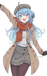 Rule 34 | 1girl, :d, arm up, beret, black gloves, black pantyhose, blue eyes, blue hair, blush, brown coat, coat, gloves, grey skirt, hair between eyes, hat, highres, hololive, hoshimachi suisei, long hair, long sleeves, looking at viewer, open mouth, pantyhose, red scarf, ribbon, scarf, simple background, skirt, smile, solo, star (symbol), star in eye, symbol in eye, teeth, unmoving pattern, upper teeth only, vinhnyu, virtual youtuber, white background, winter clothes