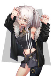 Rule 34 | 1girl, ahoge, animal ears, bare shoulders, black jacket, black pantyhose, black shirt, breasts, claw pose, cleavage, crop top, ear piercing, fur-trimmed jacket, fur trim, grey eyes, grey hair, grey skirt, hair between eyes, hands up, highres, hololive, jacket, jewelry, large breasts, lion ears, lion girl, long hair, looking at viewer, messy hair, miniskirt, navel, necklace, nisui noki, o-ring, o-ring legwear, o-ring thigh strap, open mouth, pantyhose, piercing, see-through, see-through cleavage, shirt, shishiro botan, shishiro botan (1st costume), sidelocks, single leg pantyhose, skirt, sleeveless, sleeveless shirt, smile, solo, standing, thigh strap, torn clothes, torn pantyhose, two side up, virtual youtuber, zipper skirt
