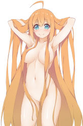 Rule 34 | 1girl, ahoge, arms behind head, arms up, blue eyes, blush, breasts, closed mouth, collarbone, completely nude, convenient censoring, cowboy shot, groin, hair censor, hair over breasts, hinata masaki, large breasts, long hair, looking at viewer, navel, nude, orange hair, pecorine (princess connect!), princess connect!, simple background, smile, solo, split mouth, stomach, very long hair, white background
