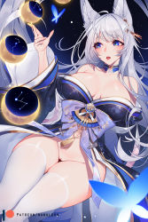 Rule 34 | 1girl, animal ear fluff, animal ears, azur lane, bare shoulders, blue butterfly, blue eyes, blue kimono, blush, breasts, bug, butterfly, cleavage, cleft of venus, collarbone, constellation, fox ears, fox girl, insect, japanese clothes, kimono, kitsune, large breasts, long hair, long sleeves, moon phases, multiple tails, nanoless, no panties, obi, off shoulder, open mouth, pussy, sash, shinano (azur lane), silver hair, solo, tail, thighhighs, thighs, white tail, white thighhighs, wide sleeves