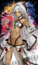 Rule 34 | 10s, 1girl, altera (fate), bare hips, bare shoulders, black nails, cameltoe, choker, closed mouth, collarbone, dark-skinned female, dark skin, detached sleeves, fate/extella, fate/extra, fate/grand order, fate (series), feet out of frame, full-body tattoo, headdress, jewelry, midriff, nail polish, navel, outdoors, pubic tattoo, red eyes, revealing clothes, short hair, showgirl skirt, skirt, solo, stomach tattoo, tan, tattoo, thighs, veil, wada arco, white hair, wide hips