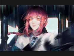 Rule 34 | 1girl, @ @, braid, braided ponytail, chainsaw man, collared shirt, highres, kozzz y, lips, long hair, makima (chainsaw man), motion blur, necktie, nose, red hair, ringed eyes, rotated, shirt, solo, upper body, white shirt, yellow eyes
