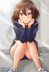Rule 34 | 1girl, artist name, blue sailor collar, brave witches, brown eyes, brown hair, hair ornament, hairclip, haruhata mutsuki, karibuchi hikari, looking at viewer, parted lips, sailor collar, school swimsuit, school uniform, short hair, sitting, smile, solo, swimsuit, swimsuit under clothes, twitter username, world witches series