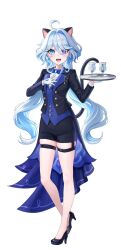 Rule 34 | 1girl, :d, ahoge, alternate costume, animal ears, bare legs, black footwear, black jacket, black shorts, blue eyes, blue hair, blush, cat ears, cat tail, chalice, commentary request, cup, full body, furina (genshin impact), genshin impact, high heels, highres, jacket, kemonomimi mode, long hair, looking at viewer, open mouth, short shorts, shorts, sicle, simple background, smile, solo, standing, tail, thigh strap, thighs, very long hair, white background