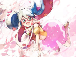 Rule 34 | 10s, 1girl, :d, aqua eyes, bespectacled, blue hair, blush, dress, fantasista doll, glasses, hair rings, highres, katia (fantasista doll), mary janes, nyama, open mouth, red-framed eyewear, scarf, shoes, smile, solo, yellow footwear