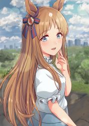 Rule 34 | 1girl, absurdres, animal ears, blue eyes, bow, brown hair, casual, commentary request, ear ribbon, fuusuke (fusuke208), grass wonder (umamusume), highres, horse ears, horse girl, long hair, looking at viewer, looking back, outdoors, puffy short sleeves, puffy sleeves, shirt, short sleeves, solo, umamusume, upper body, white shirt