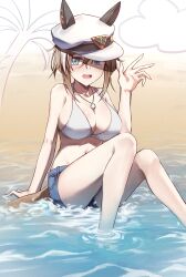 Rule 34 | 1girl, animal ears, beach, blue eyes, blush, bneoul, breasts, brown hair, cheval grand (umamusume), cleavage, collarbone, hair between eyes, hat, highres, horse ears, horse girl, horse tail, jewelry, knees together feet apart, large breasts, navel, necklace, open mouth, sand, sitting, solo, swimsuit, tail, umamusume, waving, white hat