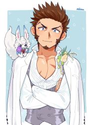 Rule 34 | 1boy, alternate costume, bad id, bad twitter id, blue eyes, blush, brown hair, creature, creature on shoulder, cross scar, crossed arms, facial hair, fate/grand order, fate (series), formal, fou (fate), goatee, long sideburns, looking at viewer, male focus, mature male, napoleon bonaparte (fate), on shoulder, partially unbuttoned, pectoral cleavage, pectorals, scar, scar on chest, shitappa, short hair, sideburns, smile, solo, toned, toned male, upper body, vest