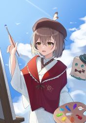 Rule 34 | 1girl, :&gt;, absurdres, beret, bird, bow, bowtie, braid, braided bangs, brown eyes, brown hair, cloud, cloudy sky, earrings, easel, feathers, floral print, friend (nanashi mumei), hat, highres, hololive, hololive english, japanese clothes, jewelry, kimono, light rays, multicolored hair, nanashi mumei, nanashi mumei (new year), official alternate costume, paintbrush, palette (object), print kimono, red shawl, ribbon, shawl, short hair, single earring, sky, streaked hair, top hat, virtual youtuber, white kimono, wide sleeves, woogi