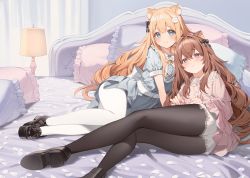 Rule 34 | 2girls, animal ear fluff, animal ears, bell, black bow, black footwear, black pantyhose, blonde hair, blue dress, blue eyes, blush, bow, brown hair, brown pantyhose, cat hair ornament, closed mouth, dress, hair between eyes, hair bow, hair ornament, highres, indoors, jingle bell, lamp, legs, long hair, long sleeves, looking at viewer, lying, multiple girls, nyum, on bed, on side, original, pantyhose, pantyhose under shorts, parted lips, pillow, pink dress, purple eyes, shoes, short shorts, short sleeves, shorts, smile, very long hair, white pantyhose
