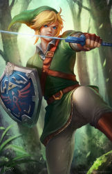 Rule 34 | 1boy, 1girl, absurdres, artist name, belt, blonde hair, blue eyes, boots, brown footwear, brown gloves, closed mouth, collared shirt, deviantart username, fingerless gloves, forest, gloves, green shirt, highres, holding, holding sword, holding weapon, hylian shield, link, lips, male focus, moss, nature, nintendo, nopeys, pants, plant, pointy ears, rock, shield, shirt, solo, sword, the legend of zelda, the legend of zelda: ocarina of time, tree, triforce, tunic, watermark, weapon, web address, white pants