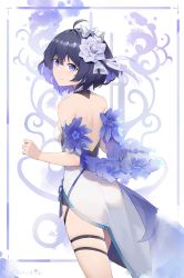 Rule 34 | 1girl, absurdres, back, backless outfit, blue eyes, blue hair, bob cut, closed mouth, dress, fled, flower, hair between eyes, hair flower, hair ornament, highres, honkai (series), honkai impact 3rd, looking at viewer, looking back, seele vollerei, seele vollerei (stygian nymph), short hair, sleeveless, sleeveless dress, smile, solo, white background, white dress, white flower