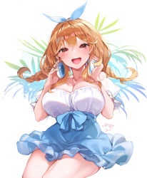 Rule 34 | 1girl, absurdres, bare shoulders, birthday, blonde hair, blue skirt, blush, bow, braid, breasts, brown hair, cleavage, collarbone, commentary request, cowboy shot, crossed bangs, curvy, dress, frilled sleeves, frills, hair between eyes, hair bow, hands up, headphones, headphones around neck, highres, holding, holding headphones, indie virtual youtuber, kanola u, large breasts, legs together, long hair, looking at viewer, off-shoulder dress, off shoulder, open mouth, orange hair, original, palm leaf, red eyes, shirt, sidelocks, simple background, sitting, skirt, smile, solo, teeth, thick thighs, thighs, twin braids, upper teeth only, virtual youtuber, white background, white shirt