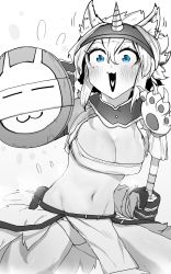 Rule 34 | 1girl, absurdres, animal hands, armor, blue eyes, blush, breasts, cat paws, cleavage, elbow gloves, fur trim, gloves, hairband, heart, heart in mouth, highres, horns, kirin (armor), midriff, monster hunter (series), navel, niwarhythm, open mouth, shield, short hair, single horn, solo, spot color, stomach, weapon
