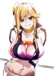 Rule 34 | 1girl, absurdres, blonde hair, bra, breasts, cleavage, copyright request, e sky rugo, girls&#039; frontline, grin, highres, large breasts, long hair, looking at viewer, m2hb (cheers on the blazing tarmac) (girls&#039; frontline), official alternate costume, purple bra, red eyes, simple background, smile, solo, underwear, white background