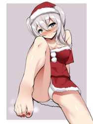 Rule 34 | 1girl, barefoot, blue eyes, blush, breasts, cleavage, feet, kantai collection, kashima (kancolle), large breasts, long hair, looking at viewer, medium breasts, panties, pantyshot, santa costume, silver hair, sitting, smile, solo, steam, toes, twintails, underwear