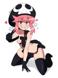 Rule 34 | 1girl, all fours, armpits, ass, black gloves, black thighhighs, blush, breasts, cowboy shot, curvy, elbow gloves, gloves, hat, heavy breathing, higher resolution available, highres, jakuzure nonon, kill la kill, looking at viewer, matching hair/eyes, mergeritter, naughty face, navel, nipples, nude, nudist beach uniform, pink eyes, pink hair, simple background, small breasts, smile, solo, sweat, thighhighs, white background, wide hips