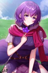 Rule 34 | 1girl, artist name, blush, breasts, dress, fire emblem, fire emblem: new mystery of the emblem, flower, gao kawa, highres, holding, holding flower, katarina (fire emblem), large breasts, looking at viewer, nintendo, purple dress, purple eyes, purple flower, purple hair, scarf, short hair, short sleeves, smile, solo, sunlight, thighhighs, zettai ryouiki