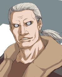 Rule 34 | 1boy, batou (gits), collarbone, empty eyes, evil smile, ghost in the shell, green hair, long hair, looking at viewer, lowres, male focus, oekaki, parted lips, silver hair, smile, solo, teeth, upper body