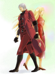 Rule 34 | 1boy, 1girl, blonde hair, blue eyes, coat, commentary request, dante (devil may cry), devil may cry (series), devil may cry 1, eva (devil may cry), gloves, high heels, jacket, jewelry, long hair, mother and son, necklace, red coat, smile, white hair