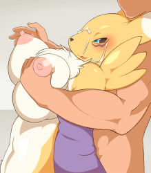 Rule 34 | aqua eyes, black sclera, blush, grabbing another&#039;s breast, breasts squeezed together, breasts, colored sclera, cum, dark skin, dark-skinned male, digimon, digimon (creature), covered erect nipples, facial, fox, furry, grabbing, highres, huge breasts, huge nipples, muscular, nipples, nude, puffy nipples, renamon, sindoll, wings