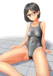 Rule 34 | 1girl, absurdres, black-framed eyewear, black eyes, black hair, breasts, clothes writing, collarbone, commentary request, cowboy shot, glasses, grey one-piece swimsuit, highres, looking at viewer, medium breasts, one-piece swimsuit, original, parted lips, short hair, simple background, sitting, solo, speedo (company), swimsuit, takafumi, tan, tile floor, tiles, white background