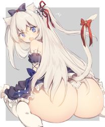 Rule 34 | 1girl, ^^^, animal ears, ass, azur lane, bare shoulders, bell, black dress, blue eyes, blush, bow, cat ears, cat girl, cat tail, commentary request, detached sleeves, dress, fang, grey background, hair between eyes, hair ribbon, hammann (azur lane), huge ass, jingle bell, kemonomimi mode, knhrpnkt, long hair, looking at viewer, looking back, no shoes, one side up, open mouth, outside border, panties, puffy short sleeves, puffy sleeves, red bow, red ribbon, ribbon, short sleeves, silver hair, simple background, sitting, soles, solo, star (symbol), tail, tail bell, tail bow, tail ornament, tail raised, thighhighs, underwear, very long hair, wariza, white panties, white thighhighs