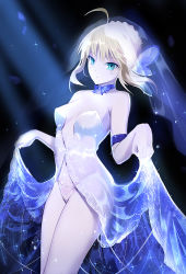 Rule 34 | 1girl, ahoge, alternate costume, artoria pendragon (all), artoria pendragon (fate), bare shoulders, blonde hair, bridal veil, clare (543), clothes lift, collarbone, dress, dress lift, fate/stay night, fate (series), gloves, green eyes, highres, lifted by self, looking at viewer, neck ribbon, panties, ribbon, saber (fate), solo, underwear, veil, white gloves