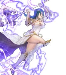 Rule 34 | 1girl, axe, battle axe, boots, braid, breasts, bridal gauntlets, circlet, cleavage, dress, electricity, female focus, fire emblem, fire emblem heroes, full body, green hair, high heel boots, high heels, highres, holding, holding axe, holding weapon, jewelry, knee boots, large breasts, long sleeves, maeshima shigeki, nintendo, official art, open mouth, single braid, smile, solo, thighs, thorr (fire emblem), transparent background, weapon, white dress, white footwear, yellow eyes