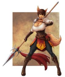 Rule 34 | 1girl, animal ears, black pants, boots, breasts, brown footwear, cleavage, commission, dark-skinned female, dark skin, erkaz, full body, green eyes, highres, holding, holding polearm, holding weapon, huge breasts, long sleeves, looking at viewer, original, pants, polearm, shirt, smile, solo, standing, tail, weapon, white shirt