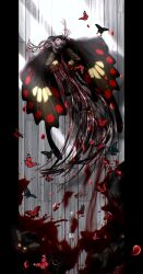 Rule 34 | 1girl, black border, black butterfly, black hair, black robe, blood, blood splatter, border, brown eyes, bug, butterfly, commentary request, falling petals, floating hair, floor, from above, full body, green butterfly, highres, insect, light rays, long hair, looking at viewer, looking up, m k kanoe, open mouth, original, petals, pillarboxed, red butterfly, robe, running, sanpaku, solo, sunbeam, sunlight, translation request, very long hair, wide sleeves, wooden floor