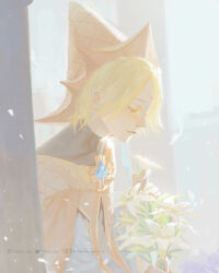 Rule 34 | 1boy, absurdres, black shirt, blonde hair, blue gemstone, bouquet, brooch, cloak, cookie run, facebook username, facial mark, falling petals, flower, forehead mark, from side, gem, half-closed eyes, highres, holding, holding bouquet, holding flower, humanization, instagram username, jewelry, light particles, lily (flower), looking at flowers, male focus, parted bangs, parted lips, petals, pillar, pointy hat, profile, pure vanilla cookie, robe, shirt, short hair, solo, sunlight, turtleneck, twitter username, upper body, white flower, white lily, white robe, xia qing, yellow cloak, yellow eyes, yellow headwear