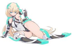 Rule 34 | 1girl, angela balzac, arm support, bare shoulders, black gloves, blade (galaxist), blonde hair, blue eyes, boots, breasts, covered navel, elbow gloves, full body, gloves, hair ornament, hand on own hip, headgear, high heel boots, high heels, leotard, long hair, low twintails, lying, medium breasts, on side, rakuen tsuihou, simple background, solo, twintails, very long hair, white background
