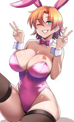 Rule 34 | 1girl, alternate costume, animal ears, bow, bowtie, breast tattoo, breasts, brown thighhighs, chinese zodiac, cleavage, commentary, detached collar, double v, english commentary, green eyes, grin, hands up, highleg, highleg leotard, lainart, large breasts, leotard, nora valkyrie, one eye closed, orange hair, pink bow, pink bowtie, pink leotard, playboy bunny, rabbit ears, rabbit tattoo, rwby, short hair, simple background, sitting, smile, solo, tattoo, teeth, thighhighs, thighs, v, white background, wing collar, wrist cuffs, year of the rabbit