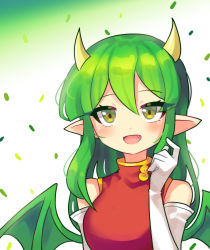 Rule 34 | 1girl, absurdres, alternate hair length, alternate hairstyle, blush, china dress, chinese clothes, draco centauros, dragon girl, dragon horns, dragon wings, dress, elbow gloves, fang, gloves, green hair, highres, horns, looking at viewer, offbeat, open mouth, puyopuyo, red dress, sleeveless, sleeveless dress, smile, solo, white gloves, wings, yellow eyes