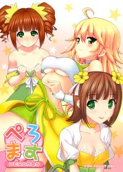 Rule 34 | 3girls, :p, ahoge, amami haruka, blonde hair, blush, bow, breasts, brown hair, choker, cleavage, clothes pull, dress pull, flat chest, flower, green eyes, hair bow, hair flower, hair ornament, highres, hoshii miki, idolmaster, idolmaster (classic), long hair, medium breasts, multiple girls, pulling own clothes, short hair, small breasts, smile, solar kaichuudentou, star (symbol), takatsuki yayoi, tears, tongue, tongue out, twintails, underboob