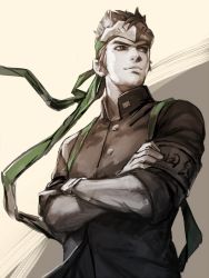Rule 34 | 1boy, aged down, armband, bad id, bad twitter id, brown eyes, brown hair, buttons, crossed arms, forehead protector, furrowed brow, gakuran, genji (overwatch), gloves, green ribbon, hage2013, headband, looking away, male focus, monochrome, overwatch, overwatch 1, ribbon, school uniform, short hair, short sleeves, sleeves rolled up, smile, solo, spot color, uniform, upper body, white gloves