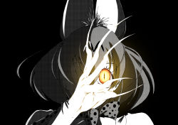Rule 34 | 10s, 1girl, animal ears, black background, bow, bowtie, claws, covering one eye, extra ears, gloves, glowing, glowing eye, greyscale, halftone, kaya (nari1-24), kemono friends, looking at viewer, monochrome, portrait, print bow, print bowtie, print gloves, print neckwear, serval (kemono friends), serval print, short hair, slit pupils, solo, spot color