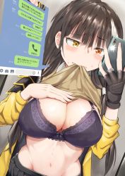 Rule 34 | 1girl, absurdres, bangs, black bra, black gloves, black hair, black skirt, blush, bra, breasts, camera flash, cellphone, cleavage, eyebrows visible through hair, fingerless gloves, girls frontline, gloves, hand on own chest, heterochromia, highres, indoors, jacket, jewelry, kzmt 6564, large breasts, line (application), looking at phone, mouth pull, navel, phone, pleated skirt, red eyes, ring, ro635 (girls frontline), self shot, shirt lift, single glove, skirt, smartphone, solo, underwear, yellow eyes, yellow jacket