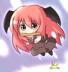 Rule 34 | &gt;:3, 1girl, :3, bad id, bad pixiv id, bat wings, blush, bread, chibi, collared shirt, commentary request, dress shirt, food, head wings, jumping, koakuma, long hair, mouth hold, necktie, red eyes, red hair, shirt, simple background, skirt, skirt set, solo, sparkle, touhou, uruc, v-shaped eyebrows, very long hair, vest, white shirt, wings