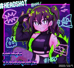 Rule 34 | 1girl, black border, black gloves, black shirt, black skirt, border, breasts, brown hair, buckle, character name, chromatic aberration, cleavage, crop top, crossed bangs, dated, ear piercing, english text, finger gun, finger gun to head, fingerless gloves, gloves, green nails, grin, hashtag, idolmaster, idolmaster cinderella girls, jacket, kosan (kou syansyan), long hair, looking at viewer, mole, mole under eye, neon lights, off shoulder, open clothes, open jacket, piercing, shirt, skirt, sleeveless, sleeveless shirt, small breasts, smile, snap-fit buckle, solo, sunazuka akira, two side up