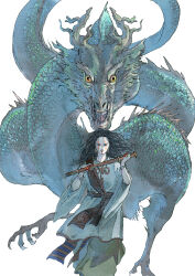 Rule 34 | 1girl, absurdres, ajitsuke nori, arms up, black hair, bracelet, chinese zodiac, closed mouth, dragon, earrings, eastern dragon, facepaint, floating hair, highres, holding, holding sword, holding weapon, japanese clothes, jewelry, jian (weapon), lipstick, long hair, long sleeves, looking at viewer, makeup, necklace, open mouth, original, pendant, sash, shoulder sash, simple background, standing, straight-on, sword, weapon, white background, wide sleeves, year of the dragon, yellow eyes
