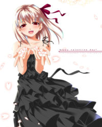 Rule 34 | :d, artist request, black dress, black flower, black ribbon, black rose, blonde hair, blush, character request, copyright request, dress, flower, frilled dress, frills, glowing, gown, hair ribbon, open mouth, petals, red eyes, red ribbon, ribbon, rose, short hair, simple background, smile, spaghetti strap, valentine, white background