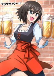 Rule 34 | 1girl, :d, alcohol, apron, beer, beer mug, black dress, blue eyes, brick wall, brown hair, commentary, cowboy shot, cup, dress, german clothes, girls und panzer, hida ema, highres, holding, holding cup, long sleeves, looking to the side, mug, omachi (slabco), open mouth, red apron, short hair, smile, solo, standing, translated, waist apron