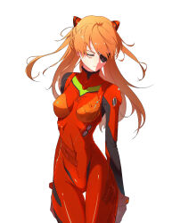 Rule 34 | 1girl, absurdres, bodysuit, brown hair, closed eyes, cowboy shot, curvy, eyepatch, hair between eyes, highres, joihon, long hair, neon genesis evangelion, plugsuit, rebuild of evangelion, red bodysuit, shiny clothes, short twintails, simple background, smile, solo, souryuu asuka langley, turtleneck, twintails, two side up, white background, wide hips