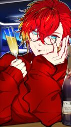 Rule 34 | 1boy, absurdres, alcohol, alternate costume, aqua eyes, bespectacled, bottle, champagne, champagne bottle, champagne flute, crossed bangs, cup, drinking glass, earrings, glasses, hair behind ear, hair between eyes, hand on own face, head rest, highres, hizaki gamma, hizaki gamma (artist), holding, holding cup, holostars, indoors, jewelry, looking at viewer, male focus, multicolored hair, orange hair, outline, purple hair, red hair, red sweater, semi-rimless eyewear, short hair, sleeves past wrists, smile, solo, streaked hair, sweater, table, turtleneck, turtleneck sweater, upper body, virtual youtuber, white outline, window, wooden table