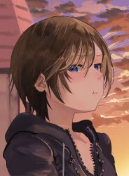 Rule 34 | 1girl, black coat, black coat (kingdom hearts), blue eyes, blush, brown hair, closed mouth, cloud, cloudy sky, coat, commentary request, eyelashes, hair between eyes, highres, kingdom hearts, kingdom hearts 358/2 days, looking at viewer, pout, short hair, sky, solo, upper body, xion (kingdom hearts), xionnoewokakuyo