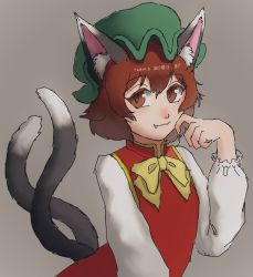 Rule 34 | 1girl, :3, animal ears, bow, bowtie, brown eyes, brown hair, cat ears, cat tail, channel ikihaji, chen, green hat, hat, highres, long sleeves, looking at viewer, mob cap, multiple tails, nekomata, short hair, solo, tail, touhou, two tails, upper body
